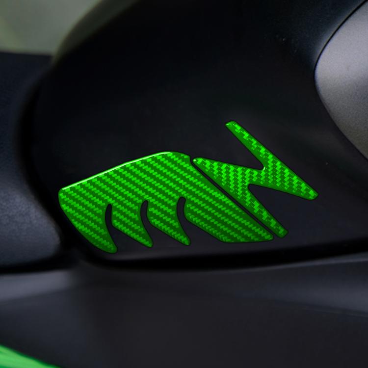 Fuel tank decorative stickers set with green carbon-fiber pattern on motorcycle fuel tank.