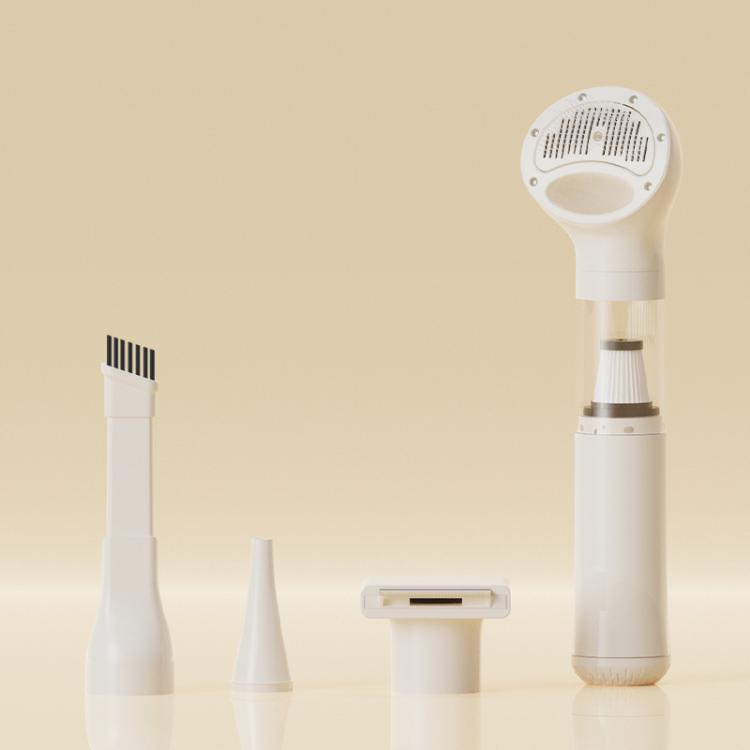 White cordless handheld pet hair vacuum with grooming brush head and attachments