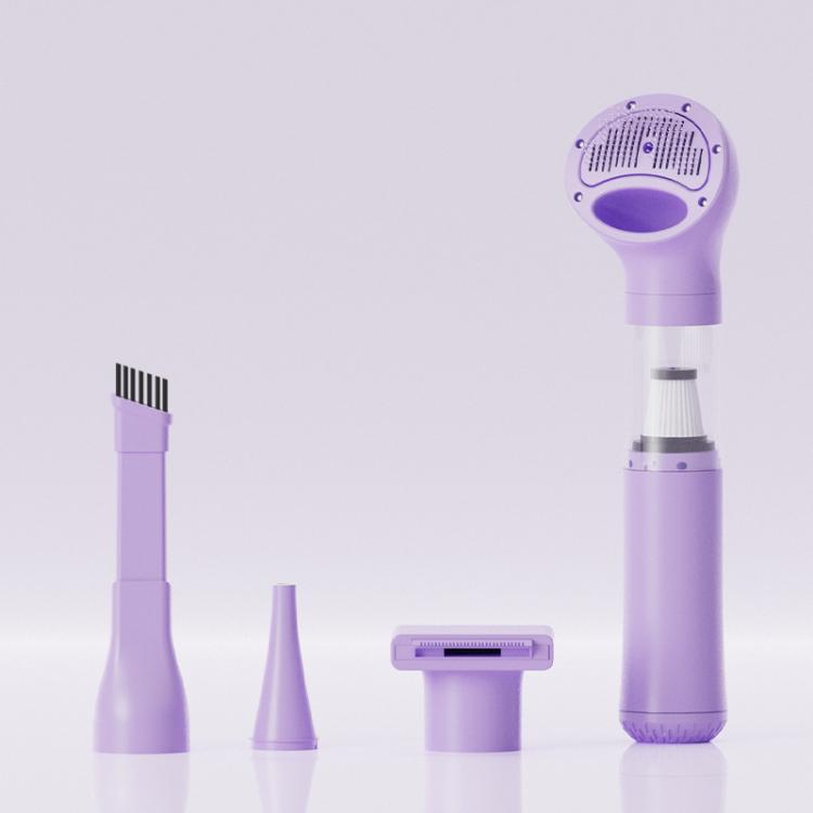 Purple cordless handheld pet hair vacuum with grooming brush head and nozzle