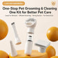White cordless pet hair grooming vacuum with brush tool and dust cup