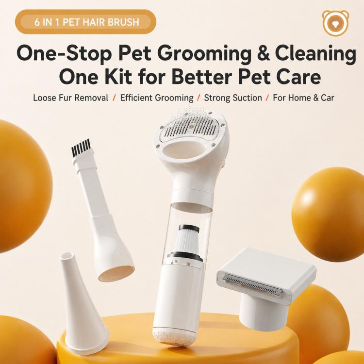 White cordless pet hair grooming vacuum with brush tool and dust cup