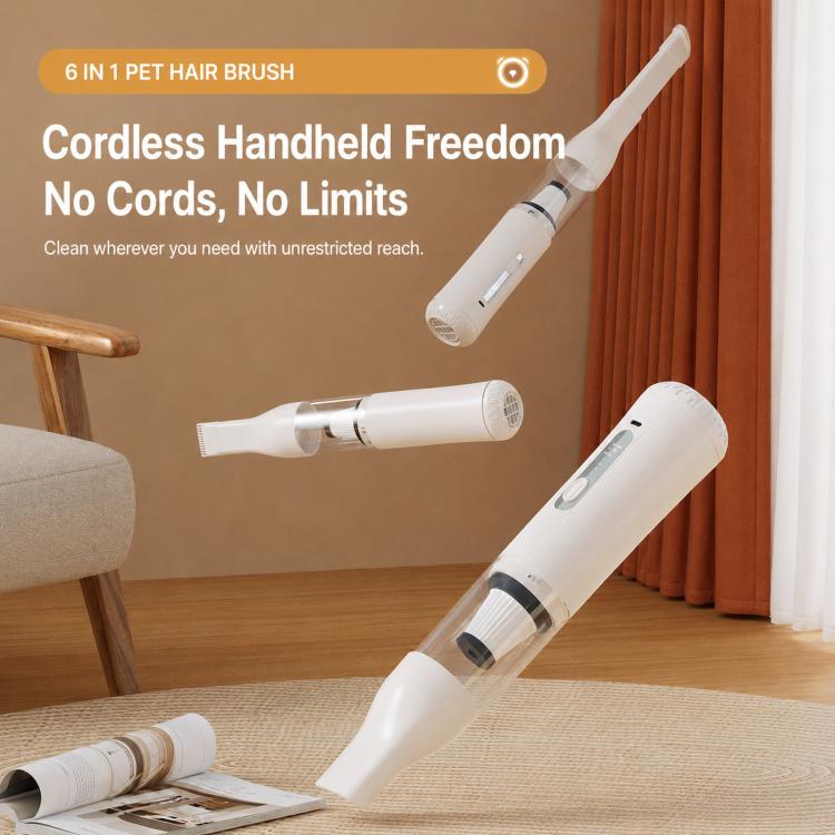 White cordless handheld pet hair vacuum with crevice nozzle and brush attachment