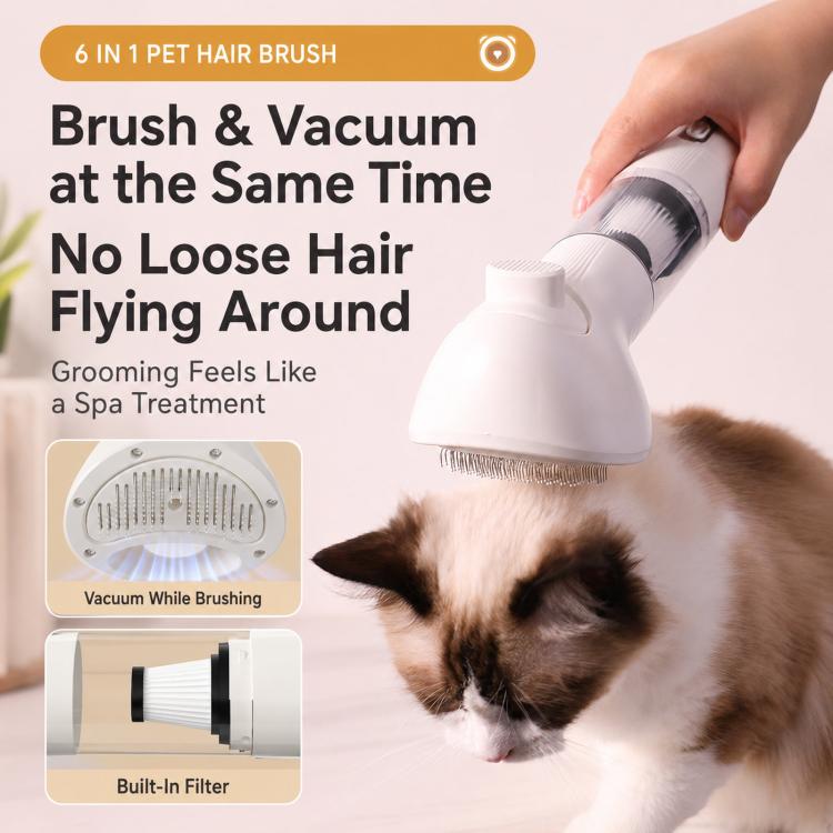 Cordless pet hair vacuum grooming brush with vacuum head attachment