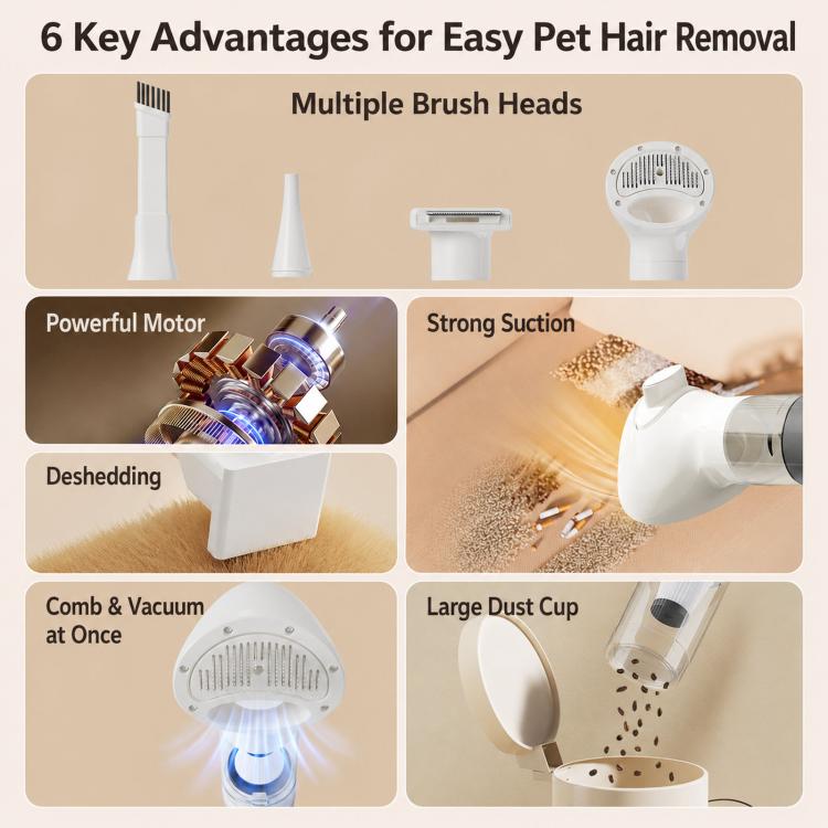 White pet hair vacuum kit with multiple brush heads and large dust cup