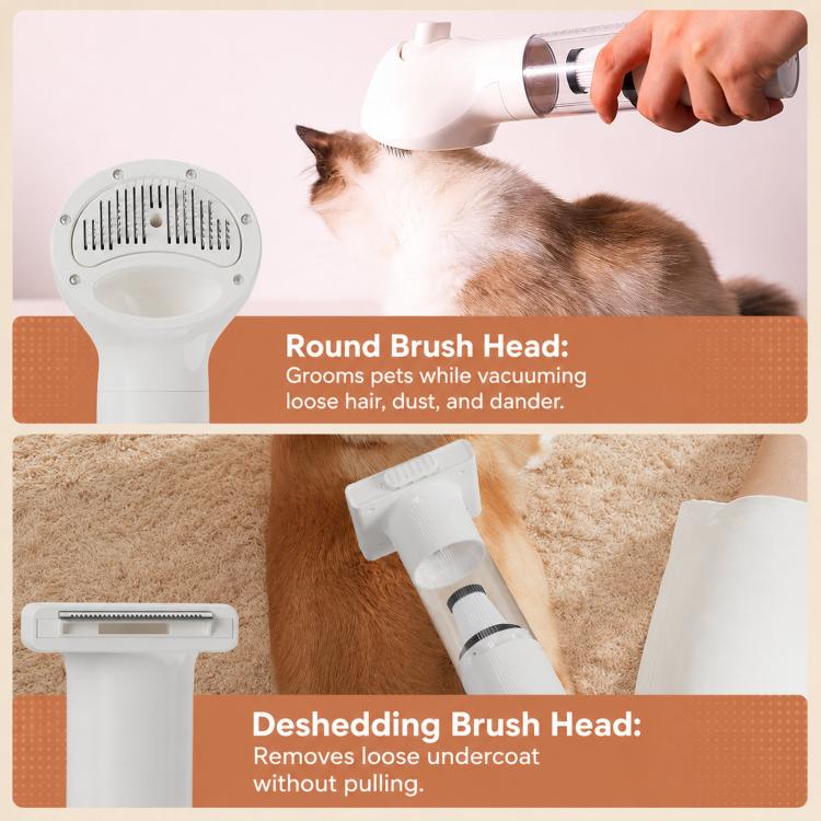 White cordless pet hair vacuum with round grooming brush head on nozzle