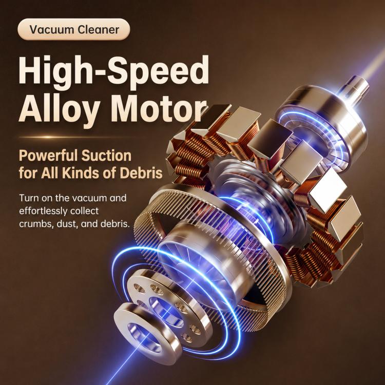 Cordless handheld vacuum motor with spinning fan and blue suction airflow