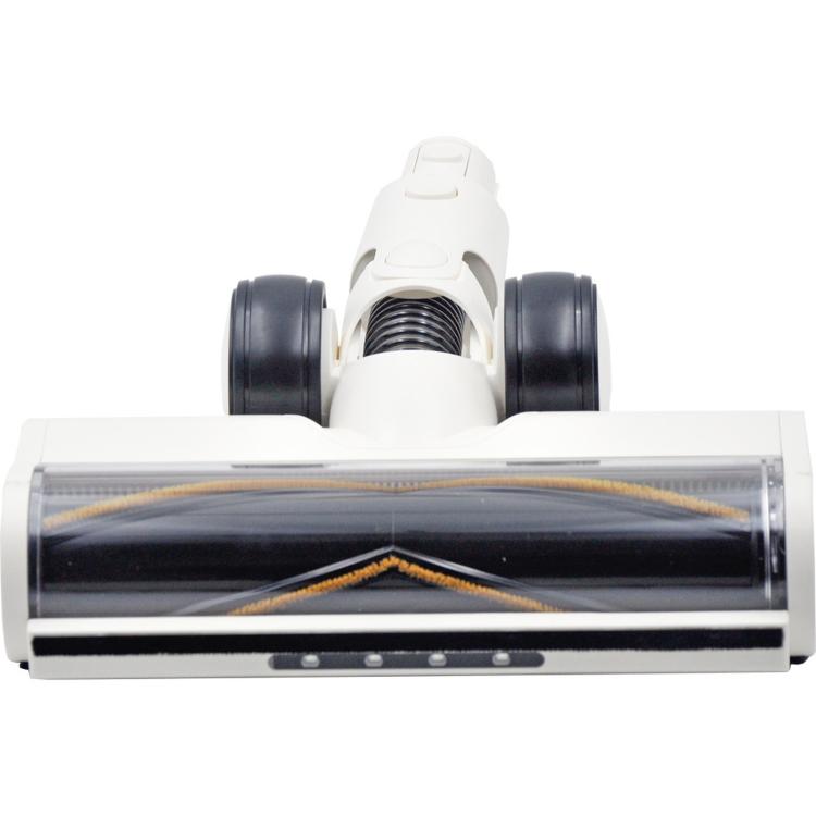 White motorized floor brush head with rotating roller and black side wheels