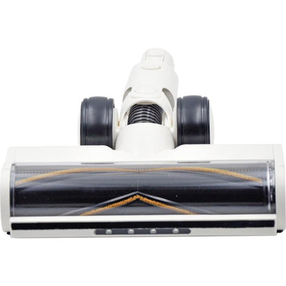 White motorized floor brush head with rotating roller and black side wheels