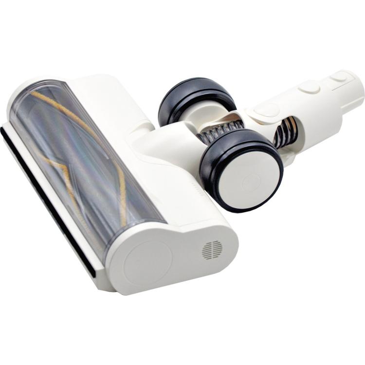 White floor brush head with clear dust cover, rotating roller, and black wheel pods