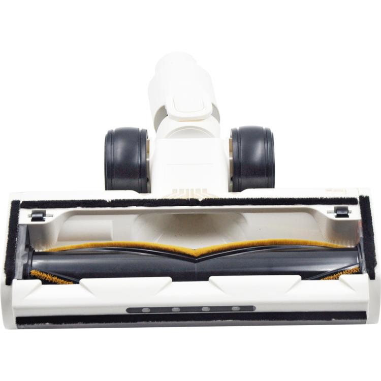 White floor brush head with exposed brush roller and side bristles, black wheels