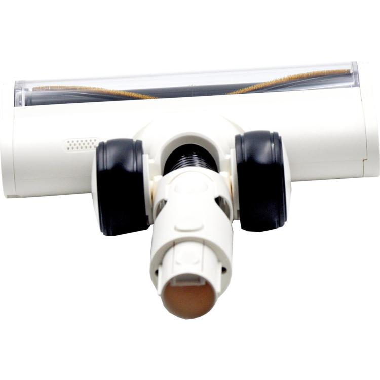 White floor brush head with transparent roller housing and black wheel attachments