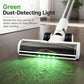 White floor brush head on floor with green dust-detecting light glowing