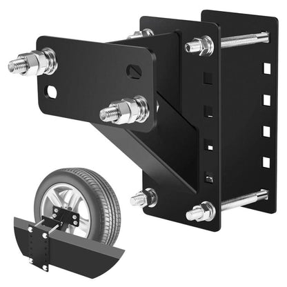 Black metal spare tire carrier bracket with mounting bolts and tire support arm