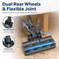 Motorized floor brush head with flexible joint and dual rear wheels