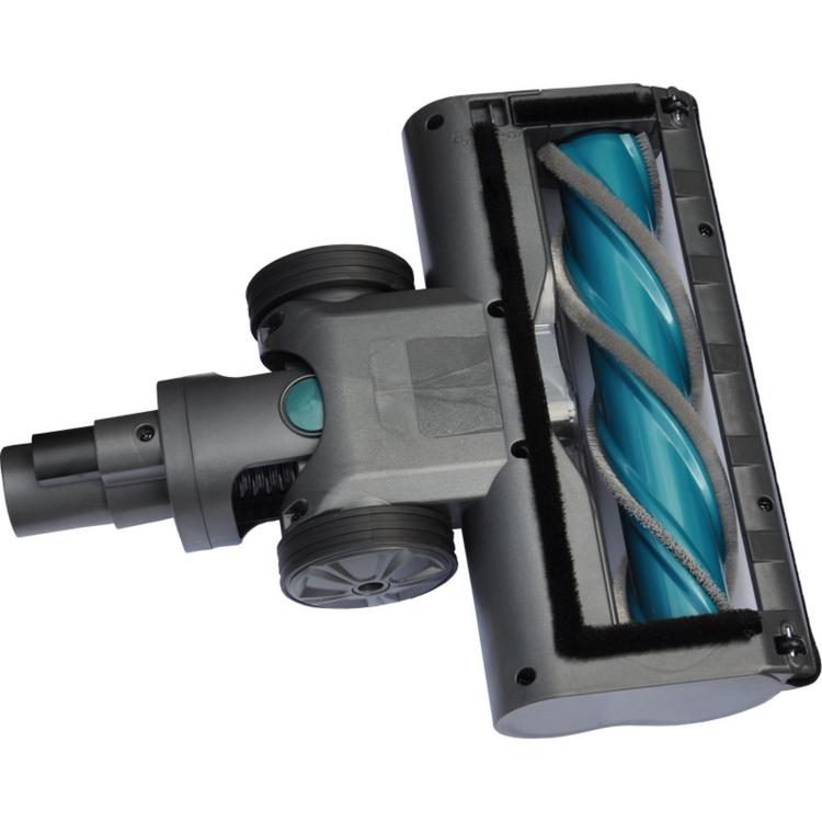 Motorized floor brush head with blue roller brush in see-through housing