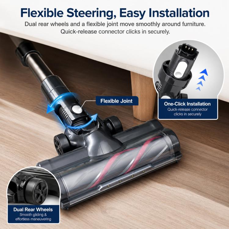 Motorized floor brush head with flexible joint and rear dual wheels