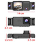 Vehicle dash cam with front and side camera modules shown with size measurements
