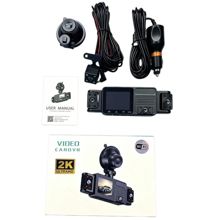 Vehicle dash cam kit contents with screen unit, cameras, mounting hardware, and cables