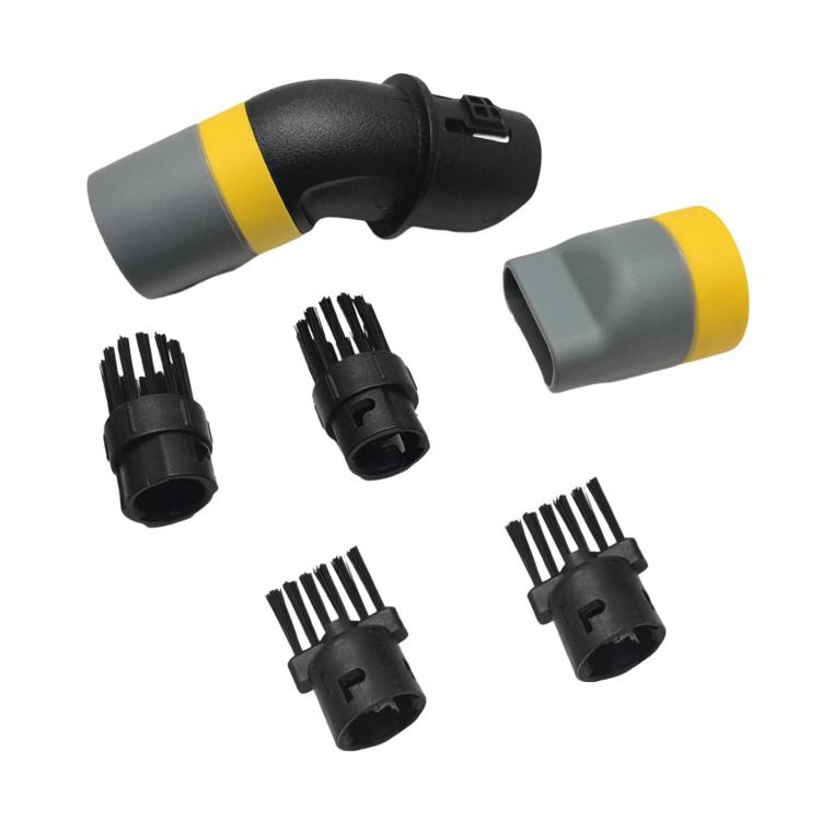Shoe washing brush attachment with yellow band and several snap-on black brush heads