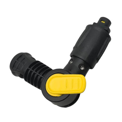 Pressure washer regulator valve with black hoses and yellow control lever