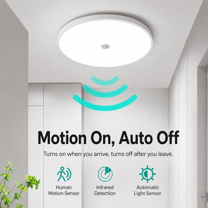 Round white flush-mount LED ceiling light with motion sensor