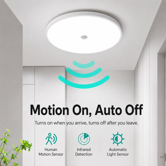 LED Motion Sensor Ceiling Light Flush Mount Dustproof Light with Photocell 6500K Cool White, 12W 23cm, 18W 30cm, 24W 38cm