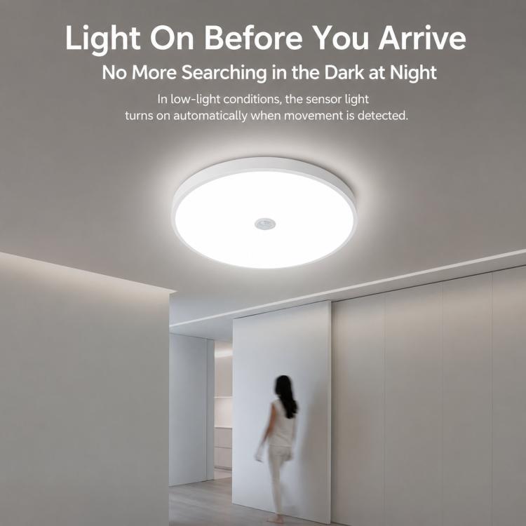 Round white flush-mount LED ceiling light with motion-activated illumination