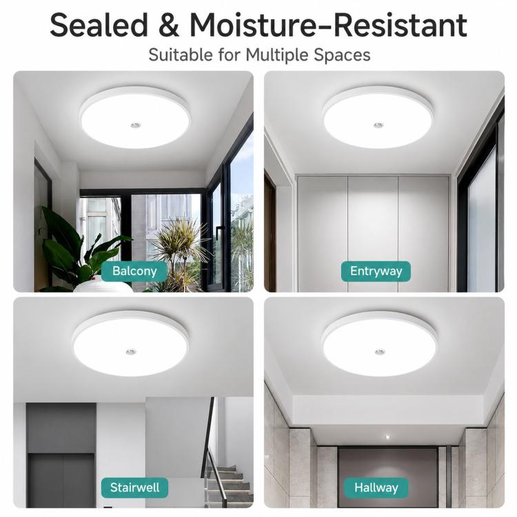 Round white flush-mount LED ceiling light with sealed, moisture-resistant design