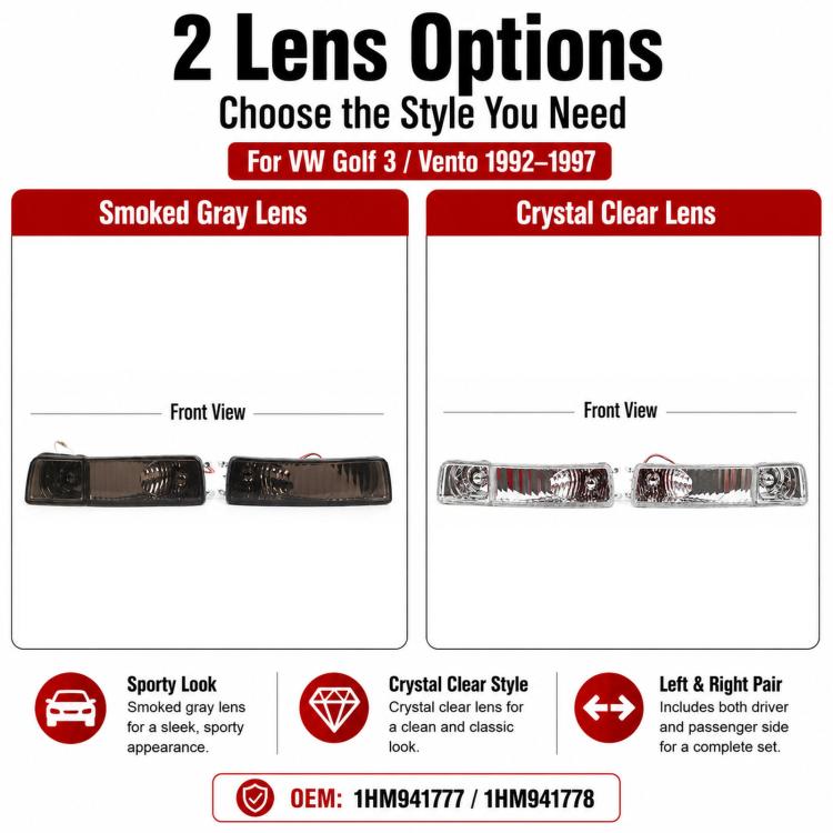 Front bumper fog light set lens options: smoked gray and crystal clear