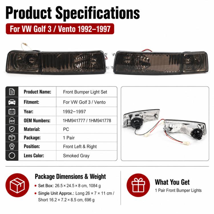 Front bumper fog lights with smoked gray lenses, left and right harnesses