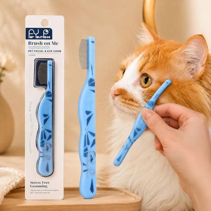 Blue pet facial and eye comb with fine metal teeth and curved safety pins