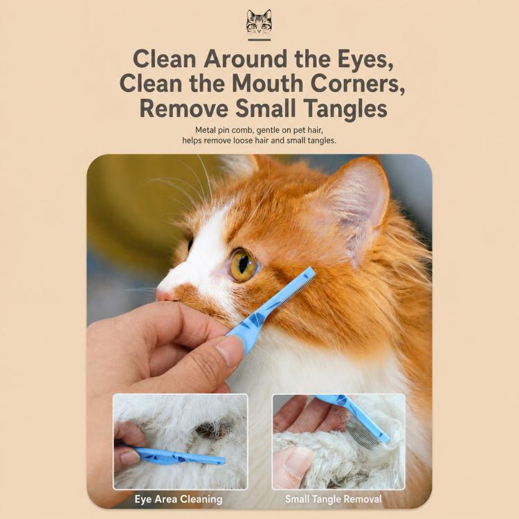 Blue pet facial and eye comb with curved handle and fine metal teeth