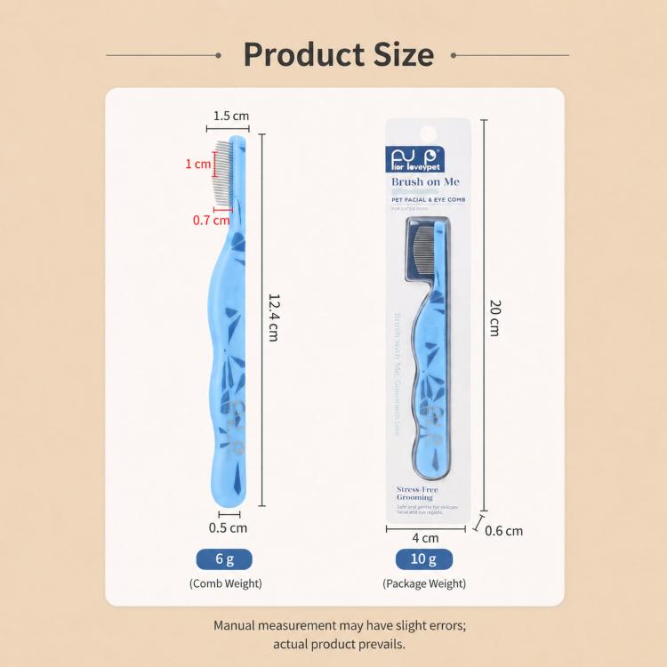 Product size chart showing blue pet facial and eye comb with fine teeth