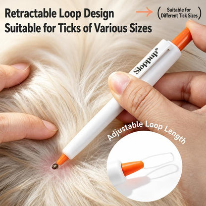Retractable tick remover loop pen with orange cap and white handle, for pets