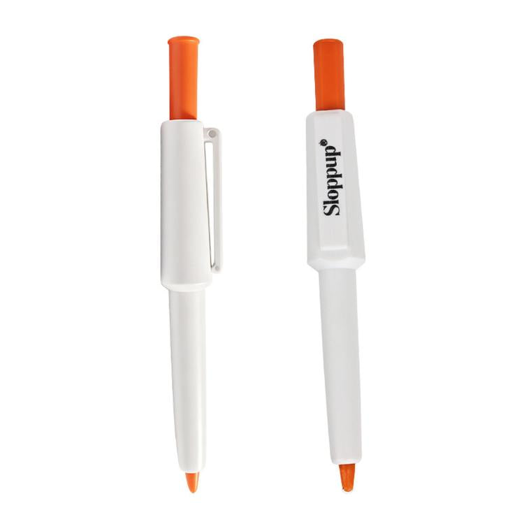 Retractable tick remover loop pen, orange tips on white body, front and back views