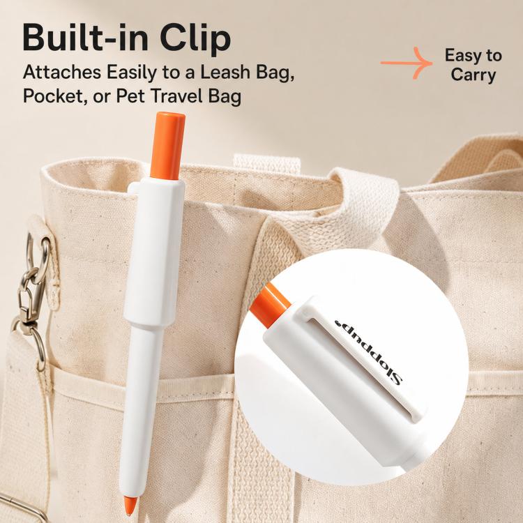 Retractable tick remover loop pen with built-in clip, orange top on white body