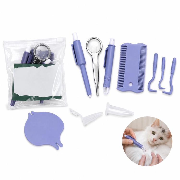 Pet tick remover tool kit with blue lasso pen, flea comb, and magnifying tweezers