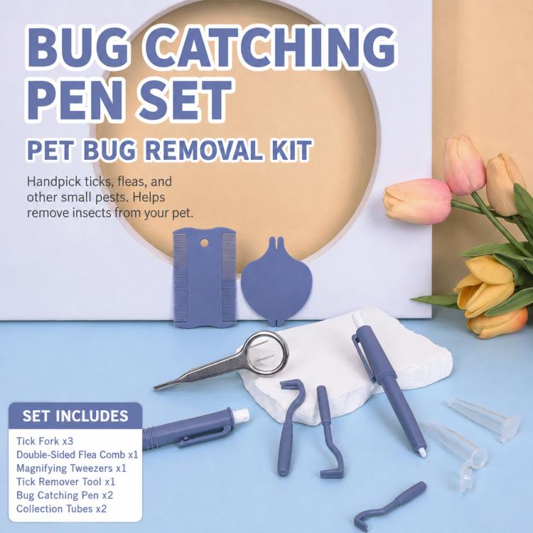 Pet bug removal set with blue tick-catching pen, tweezers, flea comb, and tools