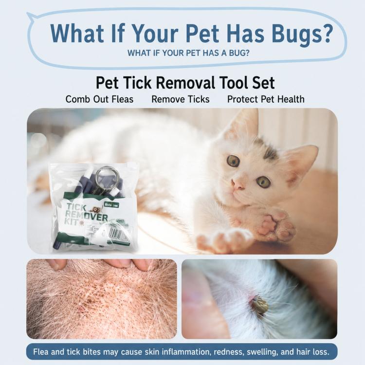 Pet tick removal tool set with comb and bug-removing tools