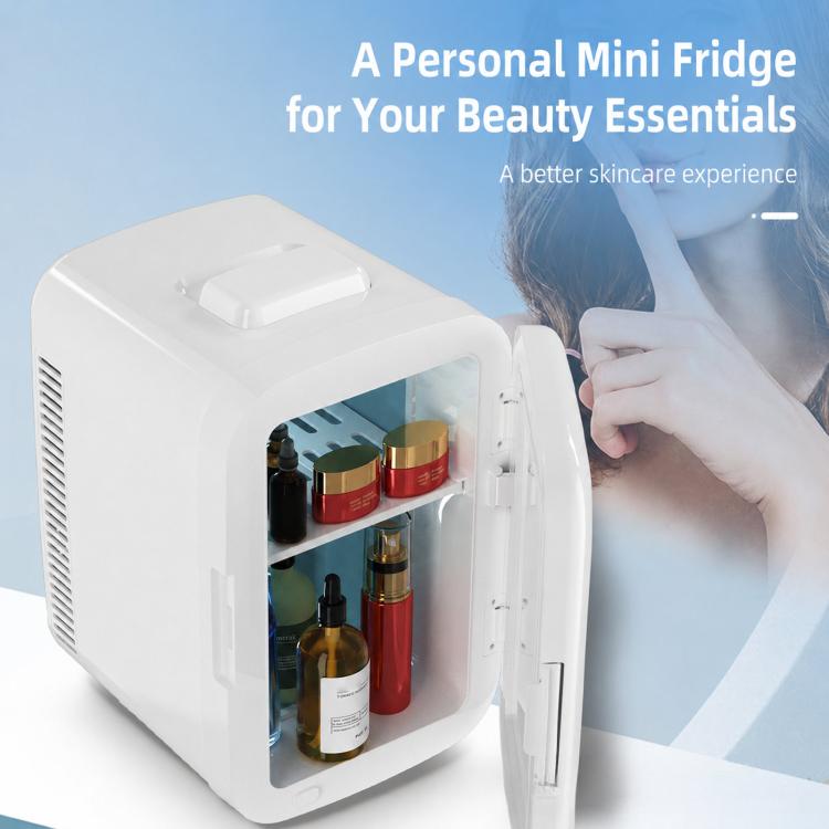 White mini refrigerator cooler box with open door holding bottles and jars