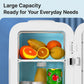 White mini refrigerator cooler box with open door and fruit and container storage