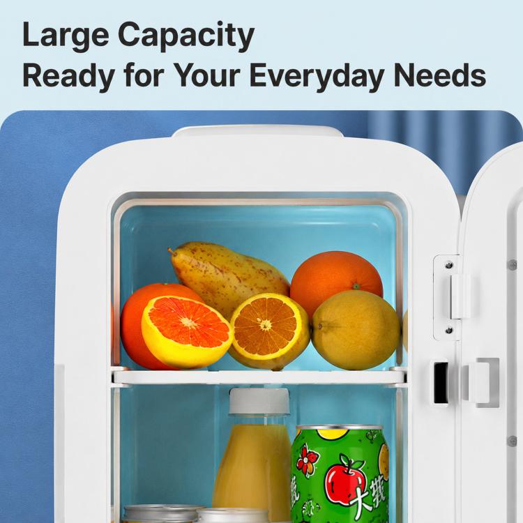 White mini refrigerator cooler box with open door and fruit and container storage