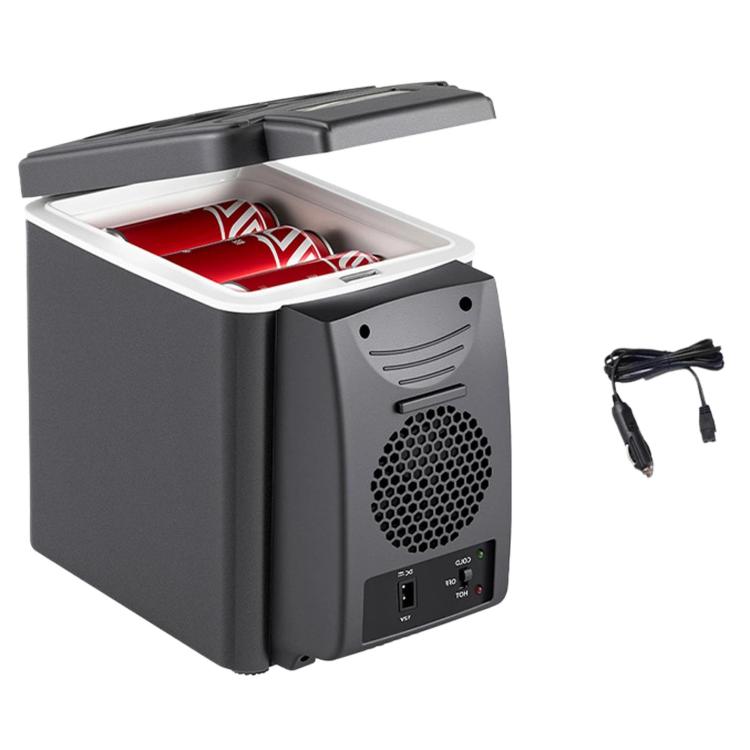Portable 6L car mini fridge, dark gray, open lid with cooling vent and power cables