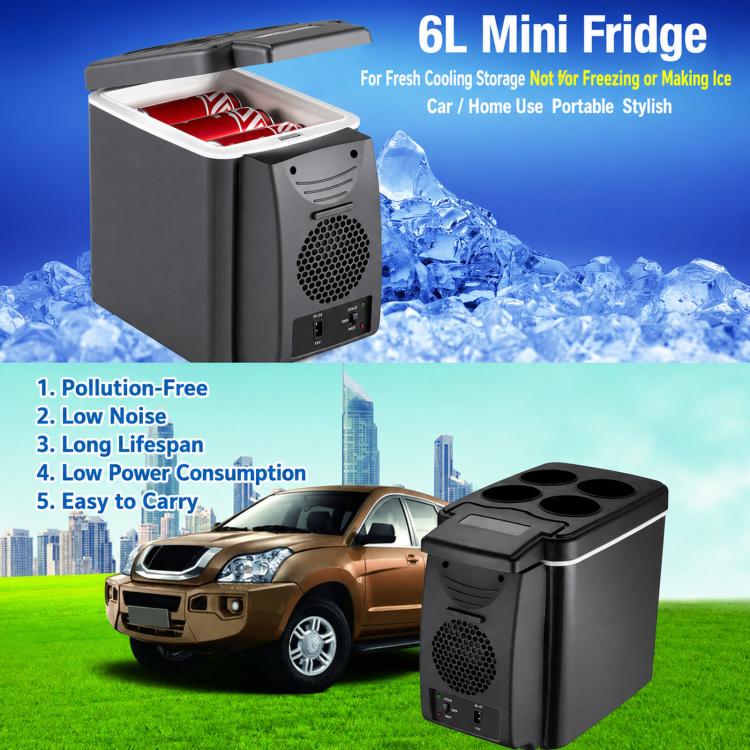6L mini car fridge, dark gray, open lid with front control panel and cooling vent