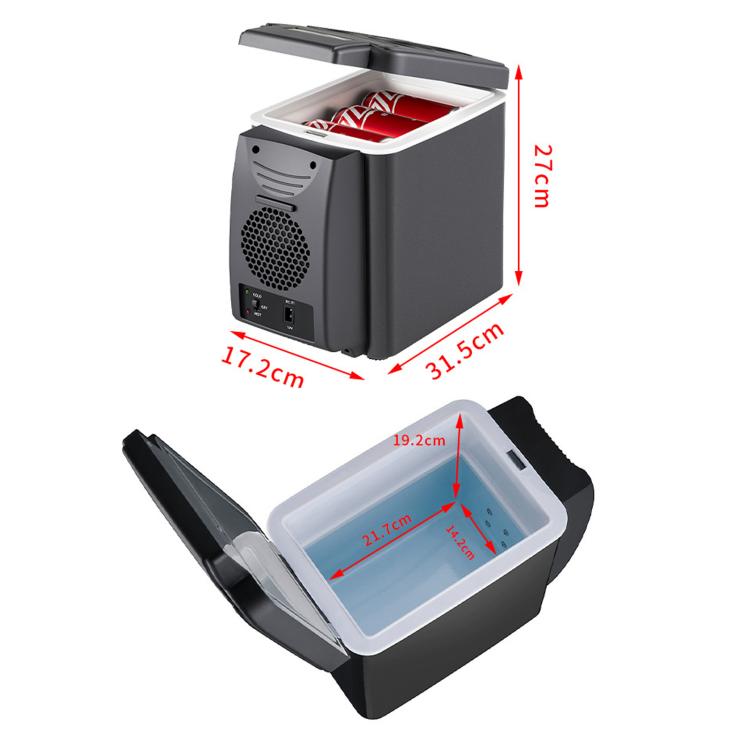 Portable car fridge cooler, black body with open lid and white inner tray