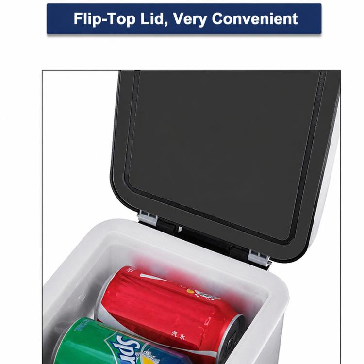 Portable mini fridge with flip-top lid open, showing interior with beverage cans