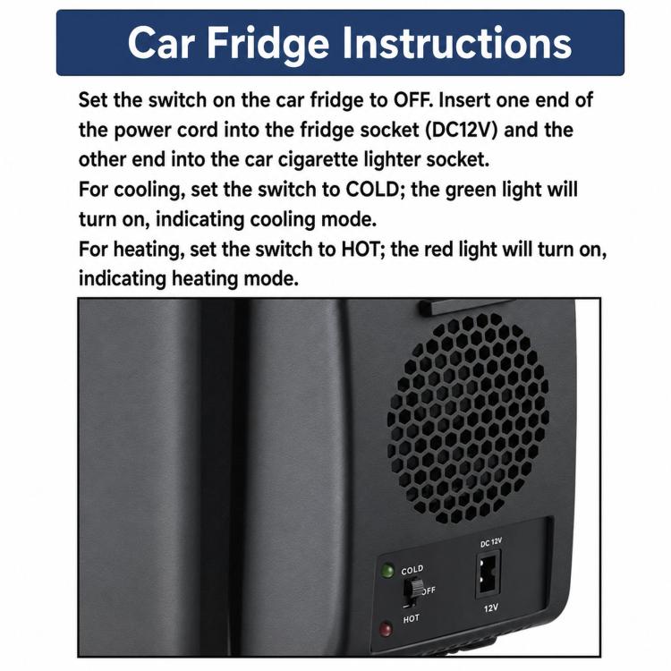 Portable car fridge cooler with vent grille and control panel for hot and cold