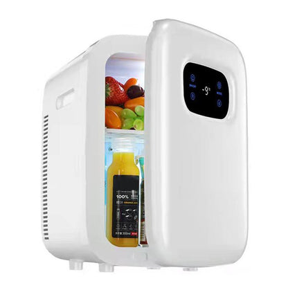 White mini portable fridge with open door; interior shelves hold drinks and fruit.