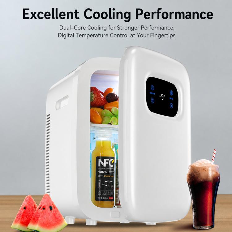 White mini portable fridge with open door and front digital temperature display.