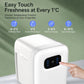 White mini fridge with touch front display; finger pointing at temperature controls.